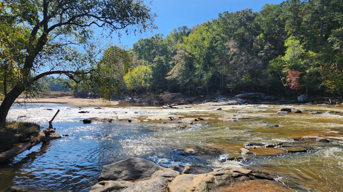 Photo of a rocky shoals area of a river flowing through a forested area.