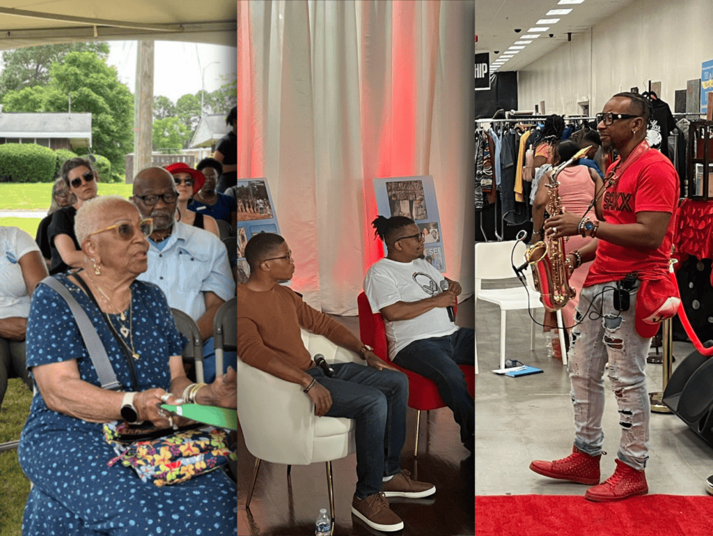 Collage of three photos: One of a woman sitting and speaking under a tent, another of two men sitting at a panel, and another of a man playing a saxophone inside of a room.